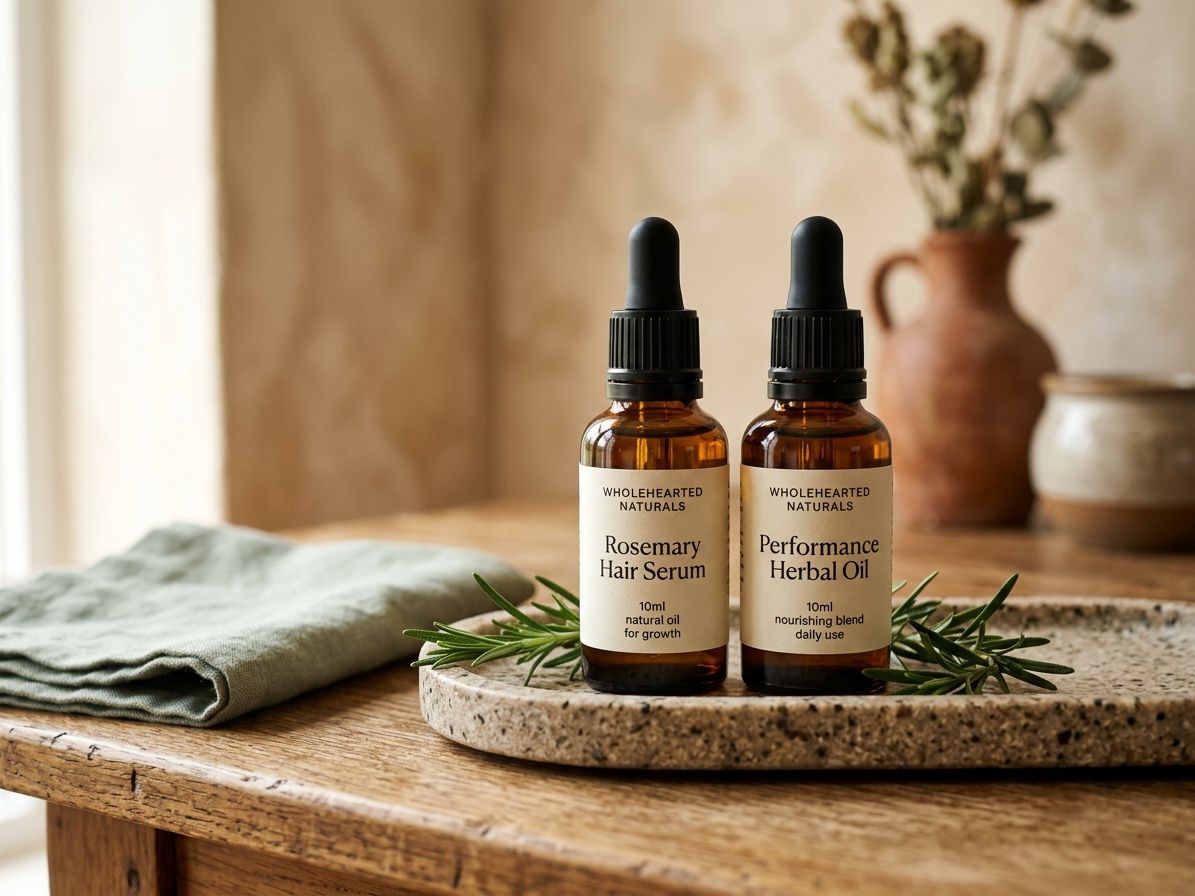 Rosemary Hair Serum and Performance Herbal Oil on a stone tray with rosemary